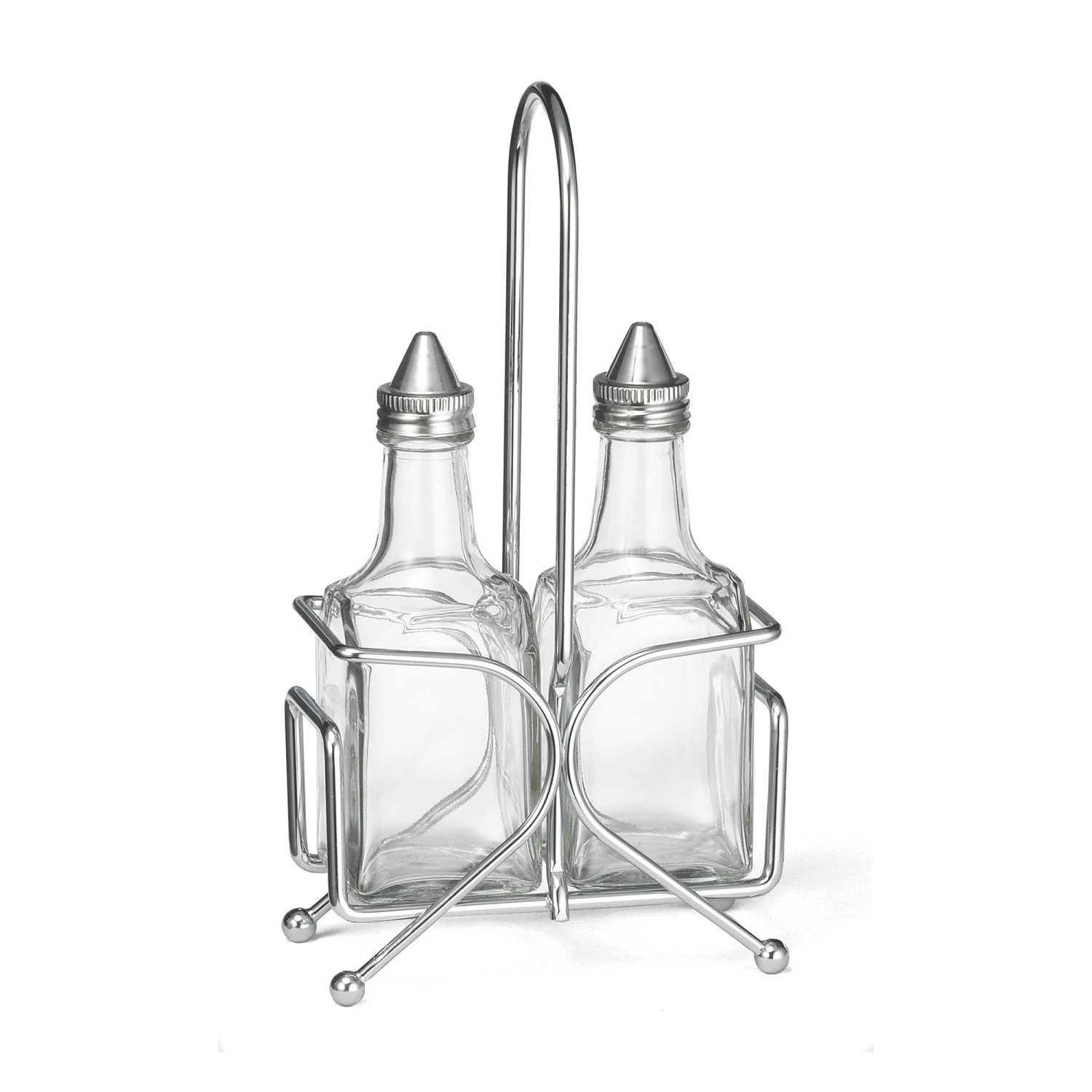 TableCraft H600N2 European Glass 6 Oz Oil / Vinegar Bottle Set W/ Rack